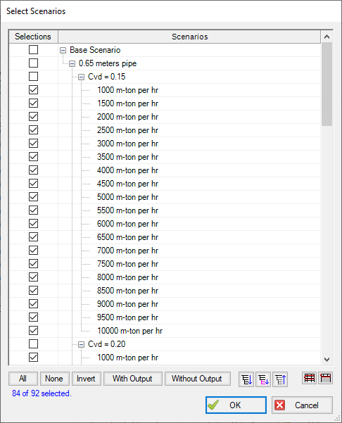 The Select Scenarios window with scenarios selected to display in the Output window.